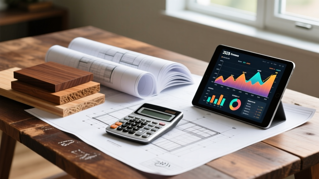 Architectural blueprints spread on a wooden table next to a calculator, lumber samples, and a tablet displaying 2026 construction cost charts