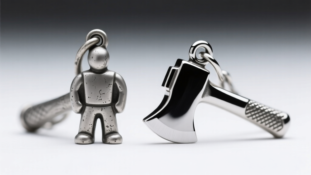 Macro shot comparing a dull pewter hatchet man charm next to a polished 316L stainless steel version under bright studio lighting