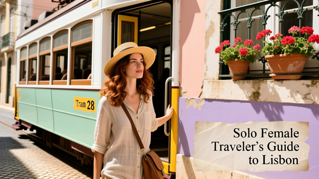 A solo female traveler boarding Tram 28 in front of a pastel-hued building in Lisbon’s historic center