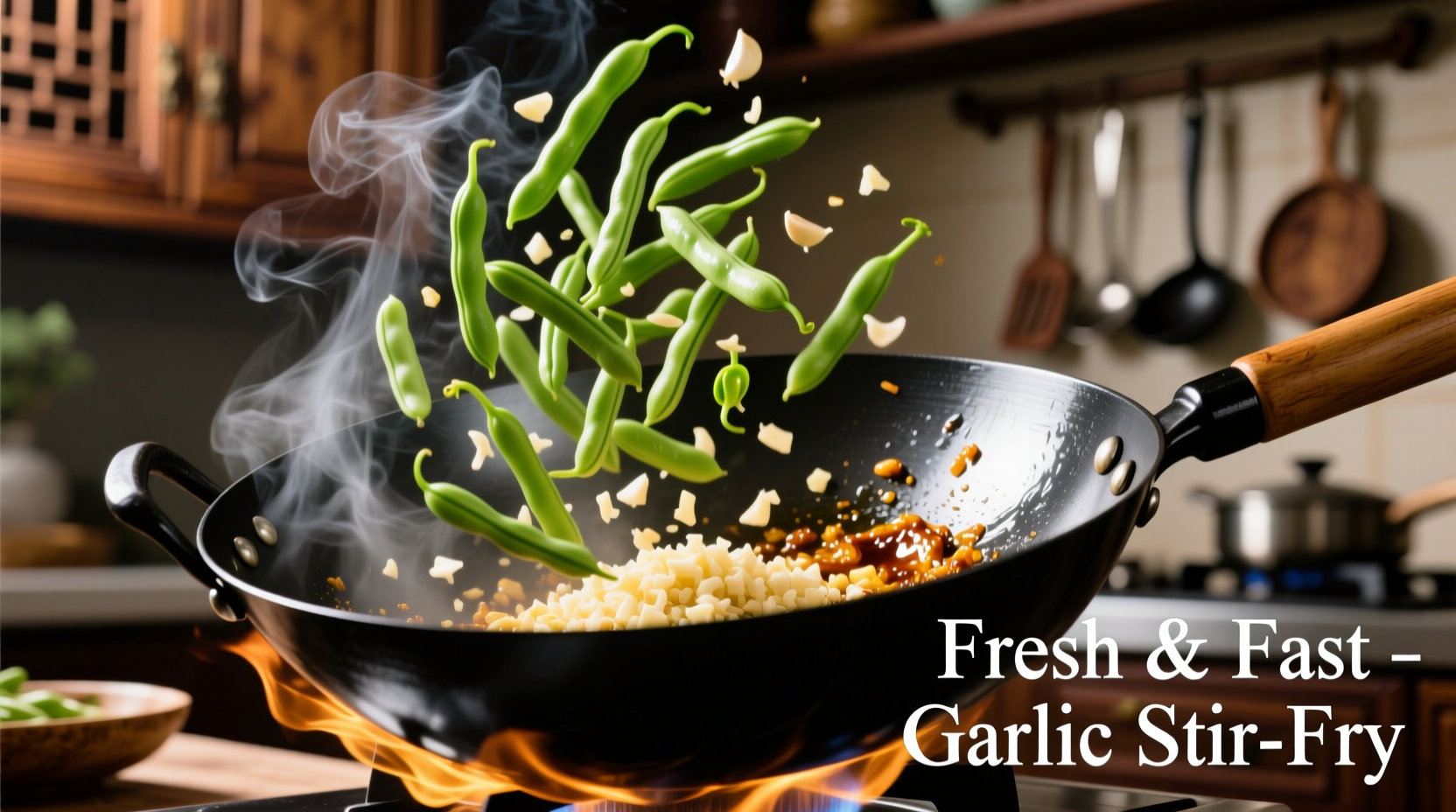 Fresh bean sprouts in wok with garlic