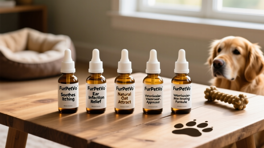 Side-by-side comparison of five FurPetVo ear drop bottles labeled with their key benefits