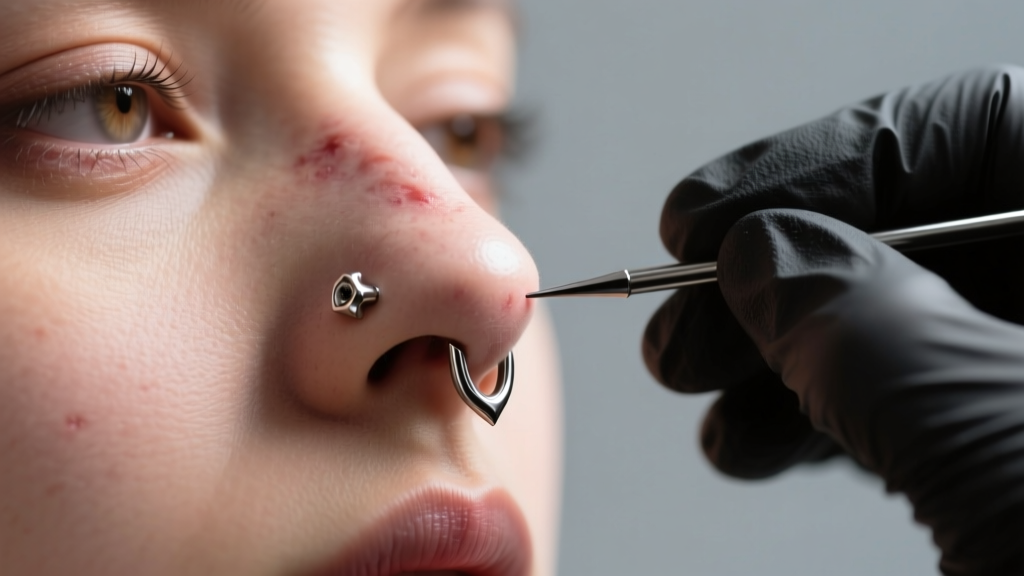 Piercer inspecting a swollen nostril piercing under bright light, highlighting a poorly fitted titanium L-bend stud on a client.