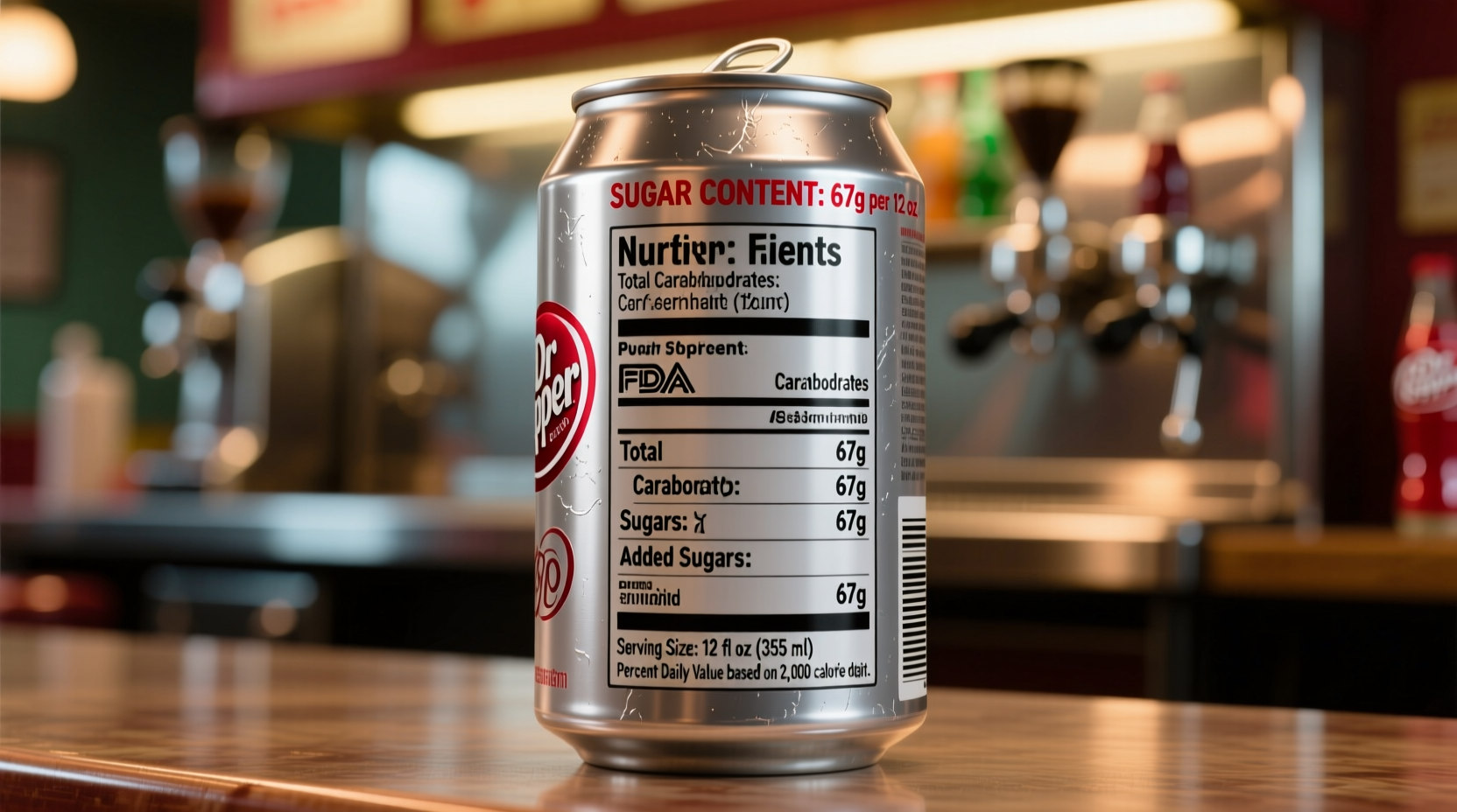 Nutrition label showing sugar content in Dr Pepper can