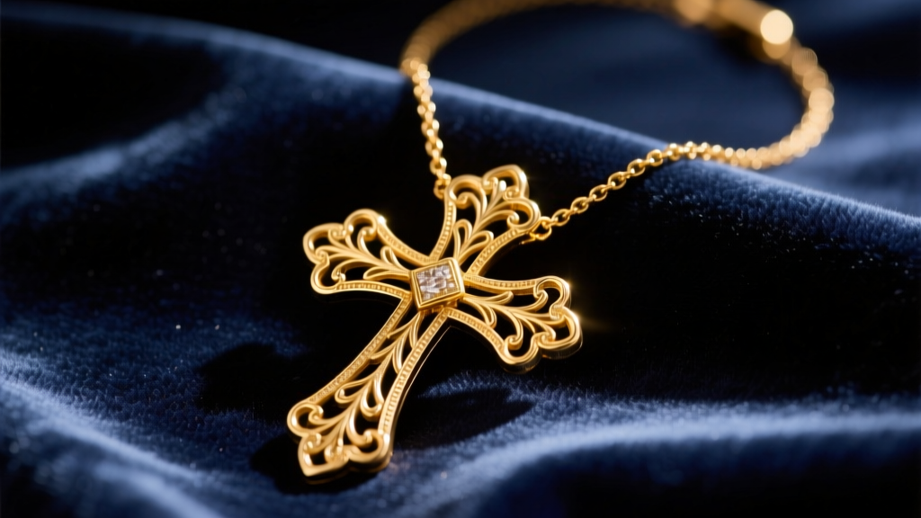Vintage 1970s gold-tone Avon cross necklace with filigree details resting on dark velvet fabric under warm, directional lighting.