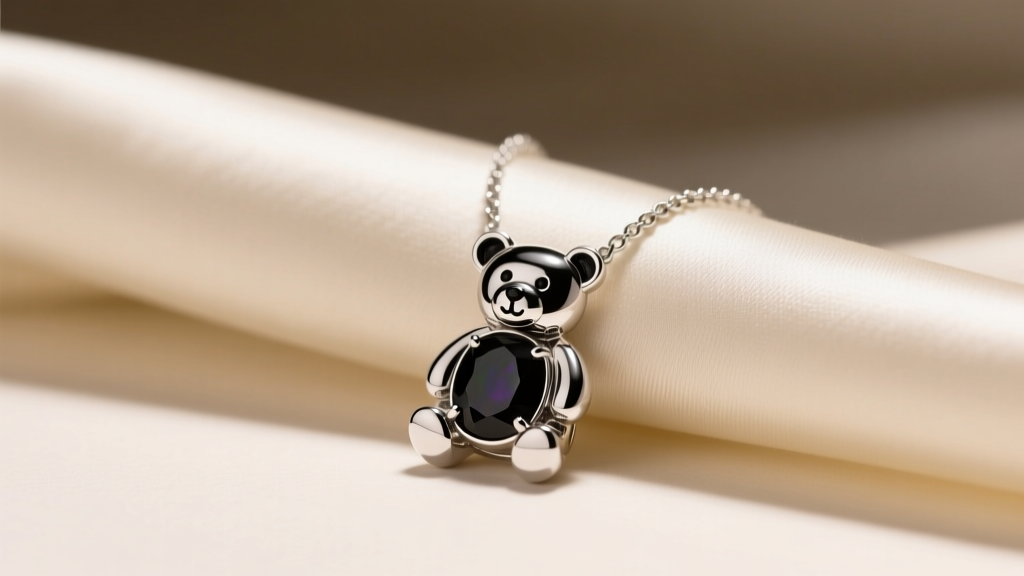 Sterling silver Tous bear necklace with black onyx accents resting on cream silk fabric under soft, warm studio lighting.