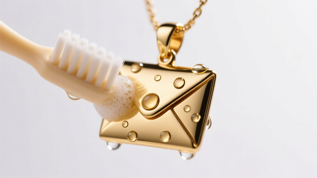 Close-up macro shot of a soft baby toothbrush gently cleaning the crevices of a gold envelope pendant with soapy water under bright studio lighting
