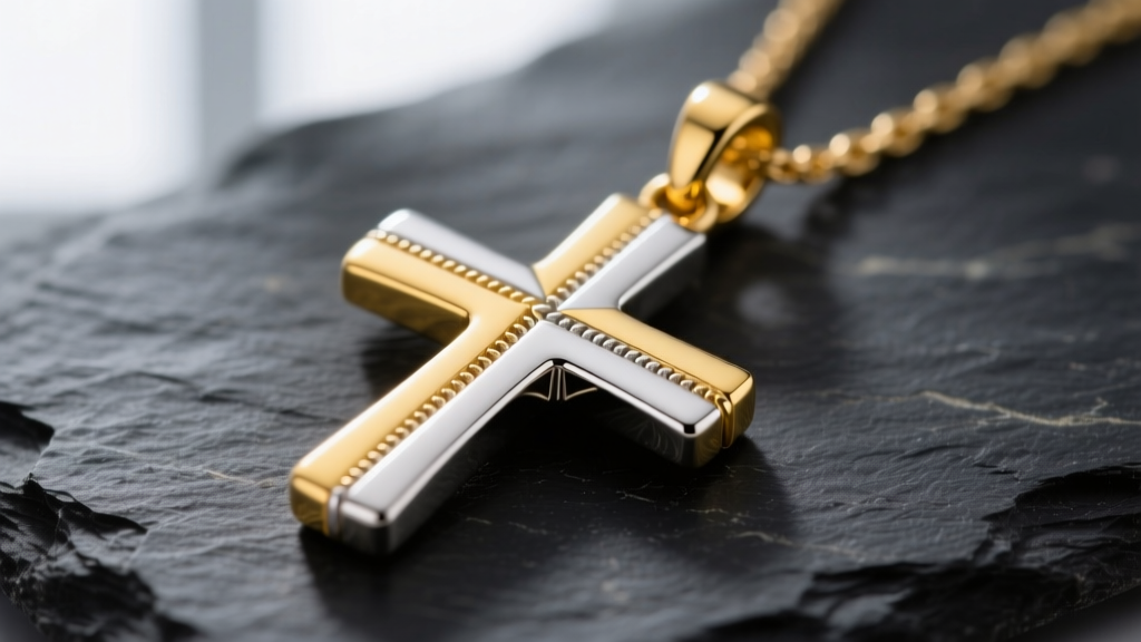 Macro shot of a two-tone 14k yellow gold and 925 silver cross pendant on dark slate, highlighting the precise soldered seam