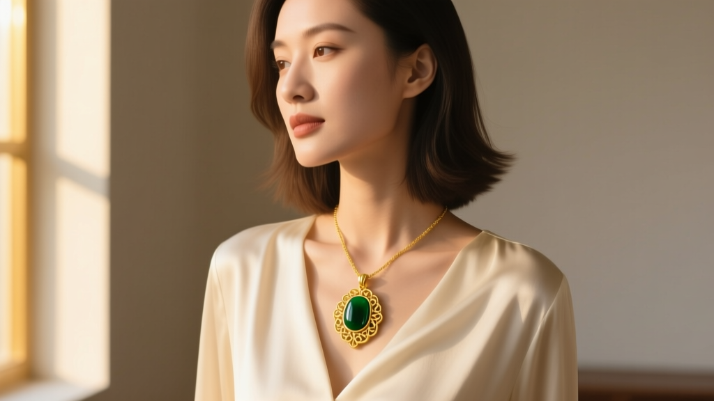 Woman wearing an 18k yellow gold and dark green nephrite pendant necklace over a cream silk blouse, illuminated by warm window light