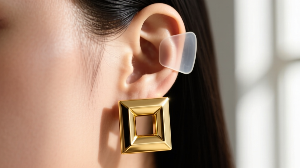 Close-up of an earlobe wearing heavy gold large square earrings with a clear silicone support patch hidden behind to prevent droop.
