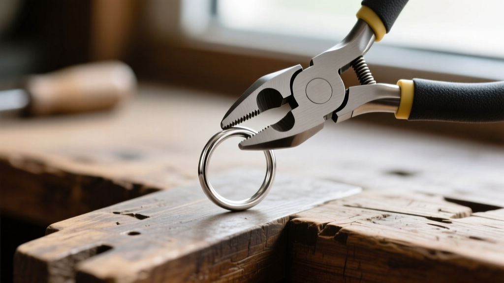 Nylon-jaw jewelry pliers twisting a 20-gauge sterling silver jump ring open vertically over a worn wooden jeweler's bench block.