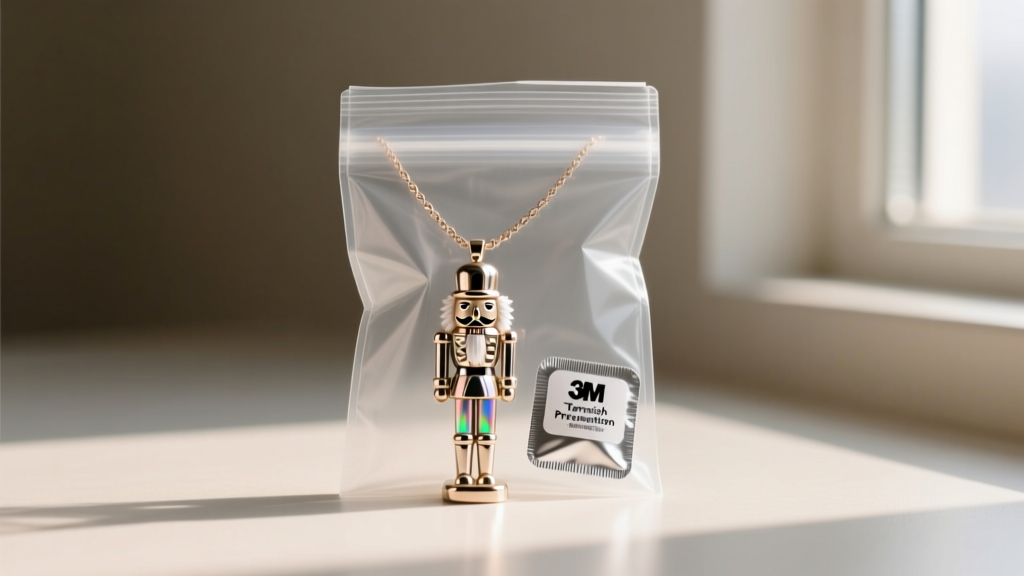 A delicate nutcracker necklace stored inside a sealed anti-tarnish ziplock bag alongside a small 3M tarnish prevention strip