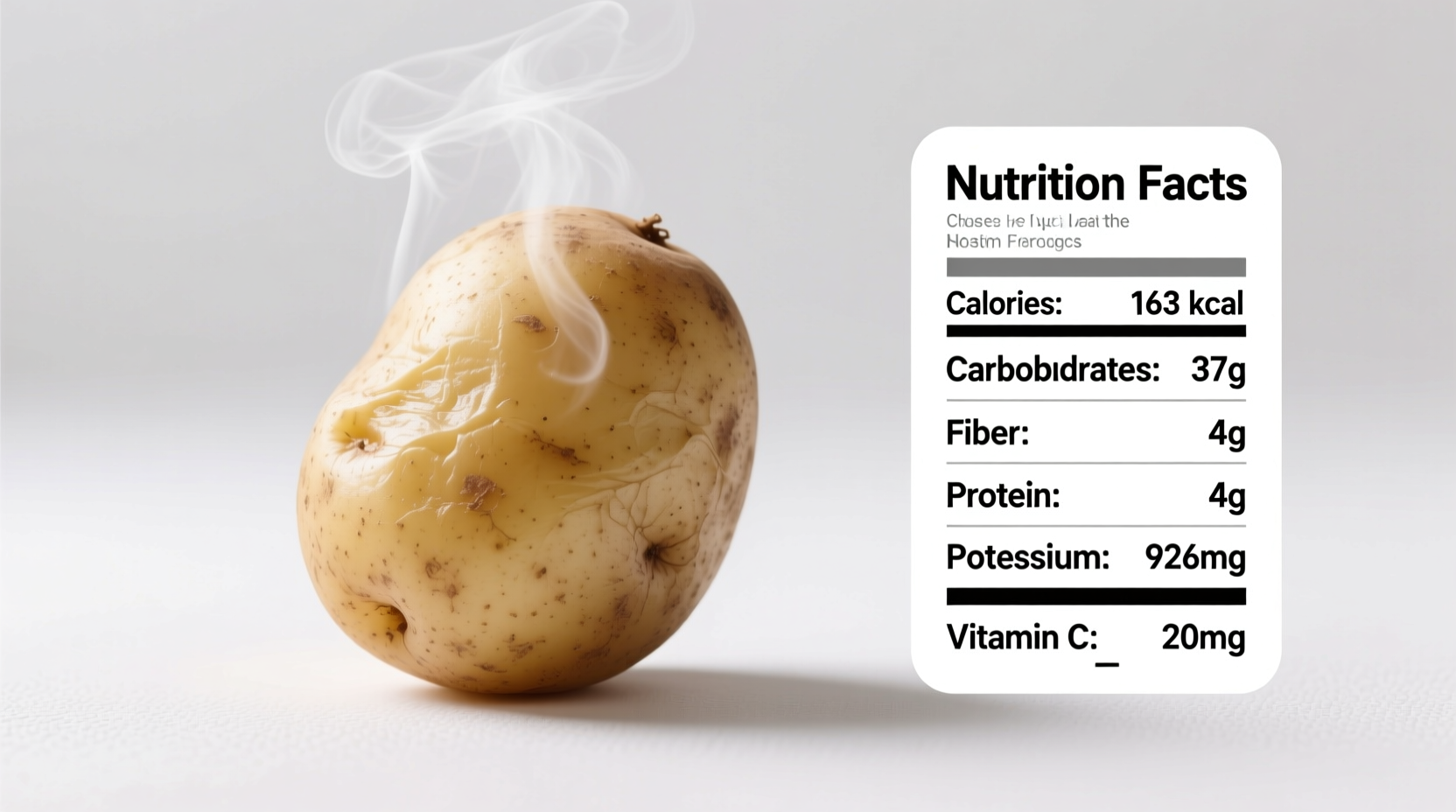 Nutrition facts of boiled potato on white background
