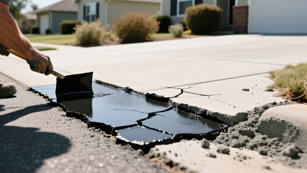 Cracked asphalt driveway being patched with black sealant next to a spalled concrete driveway being resurfaced with gray mortar.