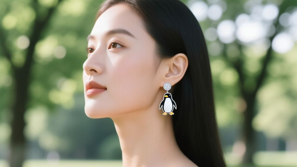 Woman with a round face wearing medium silver drop penguin earrings, highlighting her jawline against a blurred outdoor background