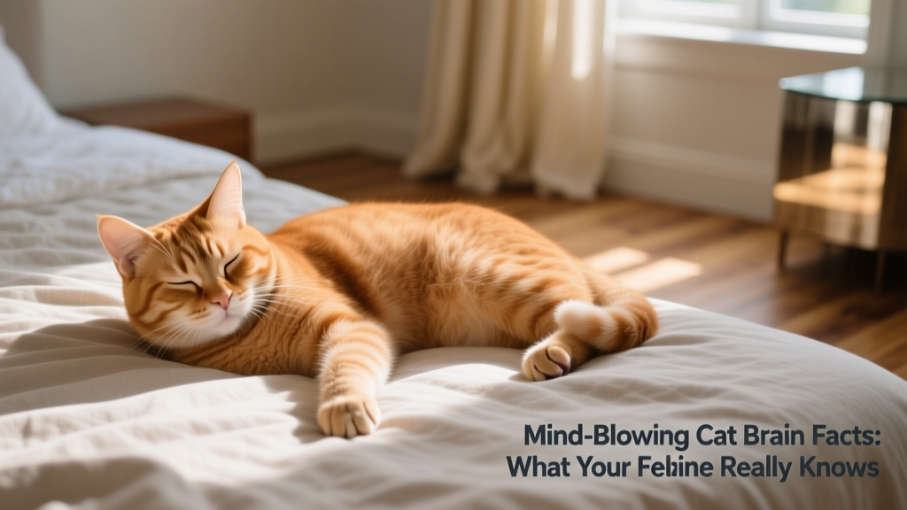 A ginger cat lying peacefully on a bed with eyes closed, relaxed and alert