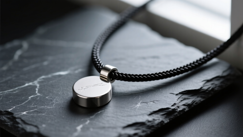 Macro photo of a black waxed cotton cord necklace with a small 316L stainless steel cylindrical pendant resting on dark slate