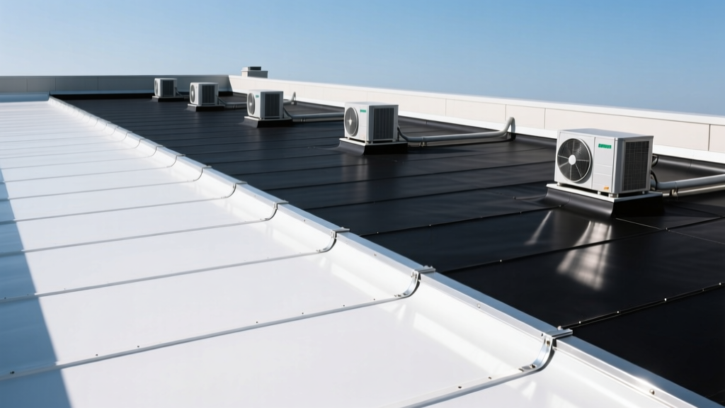 Commercial rooftop featuring contrasting sections of white TPO and black EPDM membranes with metal edge flashing and HVAC units