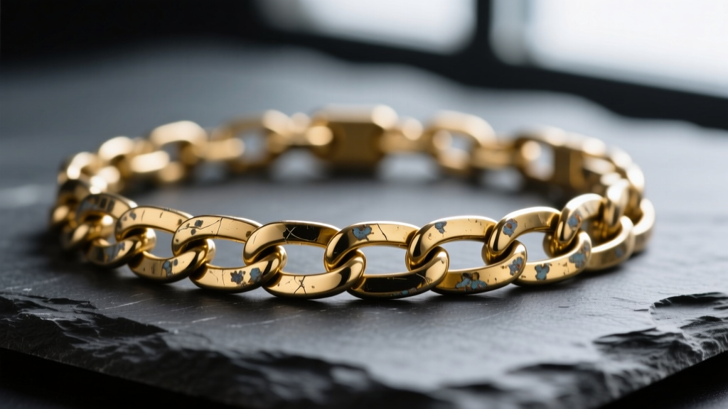 Close-up of a tarnished gold PVD-coated stainless steel chain necklace on dark slate, highlighting microscopic wear on links