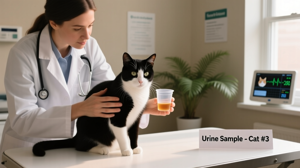 A veterinarian gently examining a calm cat while holding a sterile urine sample cup