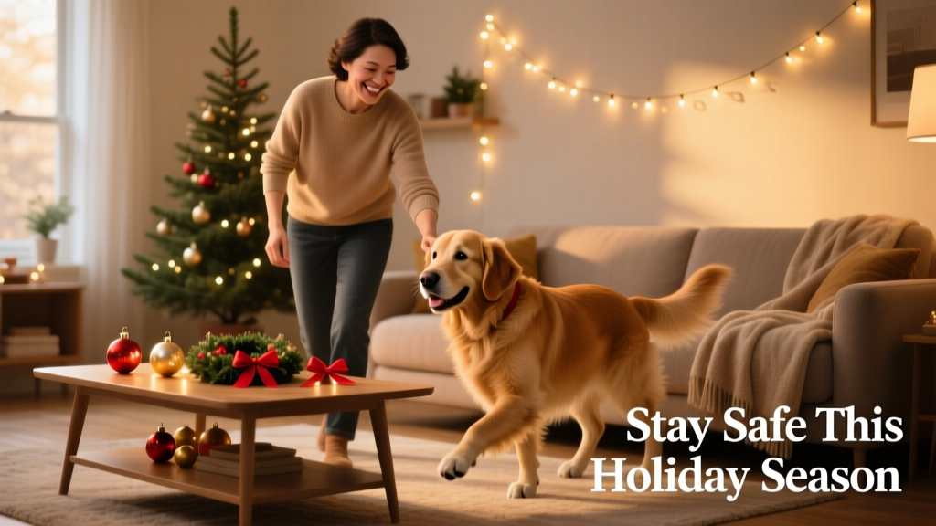 A calm, smiling pet owner gently guiding their dog away from a low table with holiday decorations, with a festive backdrop