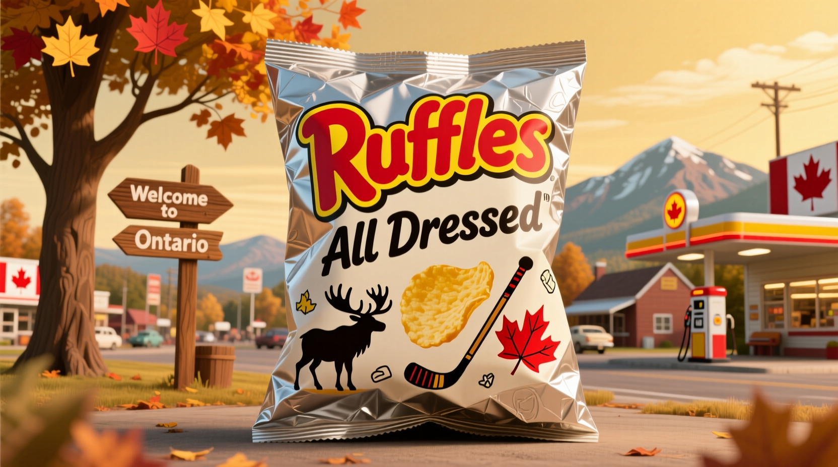 Ruffles All Dressed potato chips bag showing distinctive Canadian flavor