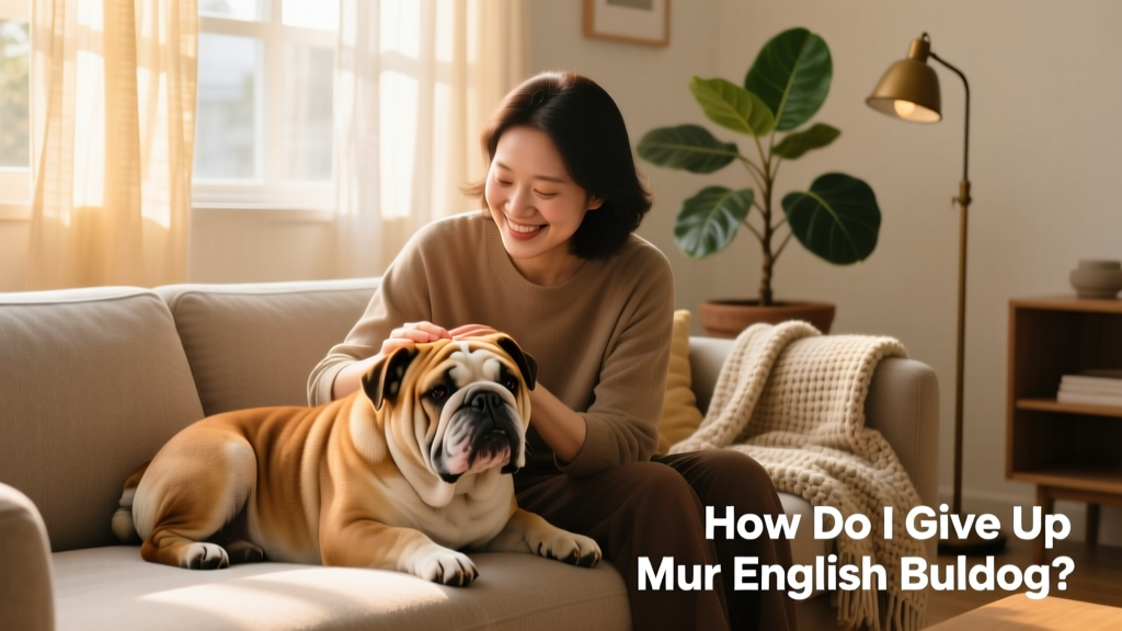 A calm, affectionate English Bulldog sitting beside a caring owner on a living room sofa