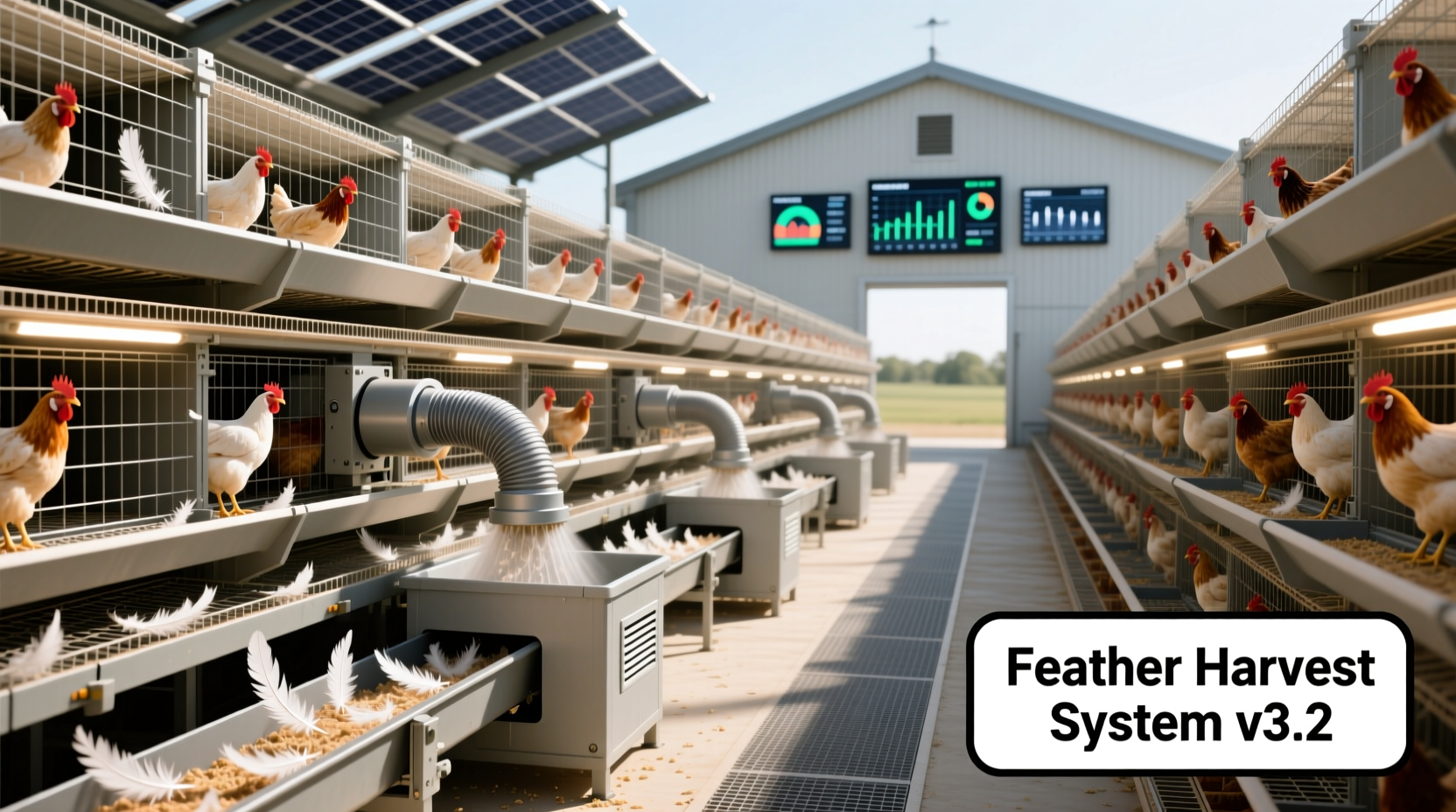 Chicken farm setup for efficient feather collection