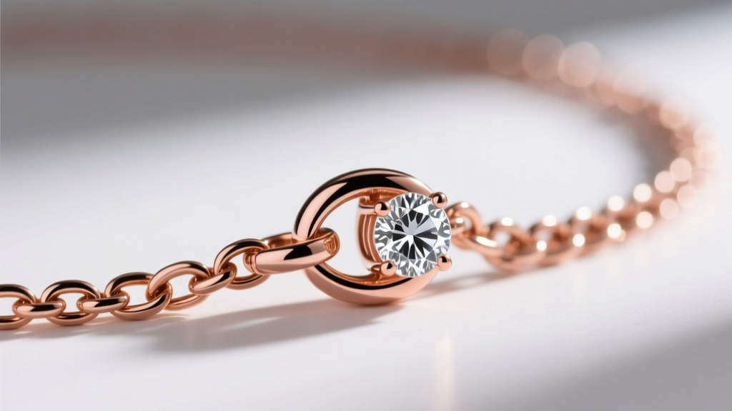 Macro shot of a 16-inch rose gold box chain passing through a diamond pendant bail, showing a secure gold lobster clasp detail