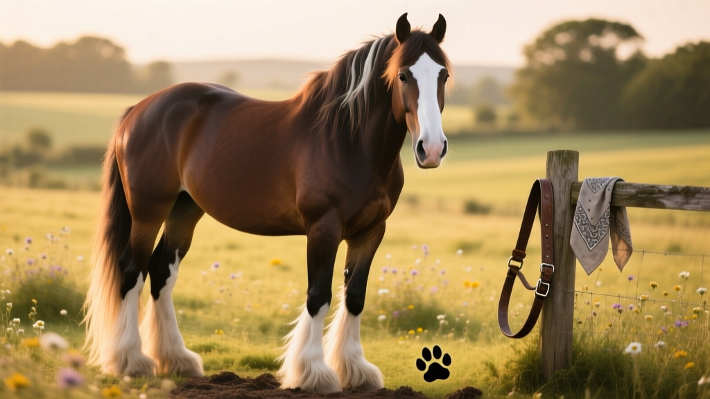 A well-groomed Clydesdale standing proudly with visible leg feathering and white facial markings