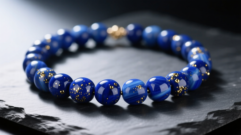 Close-up of a vibrant blue lapis bead necklace with golden pyrite flecks resting on dark slate under soft, directional lighting.