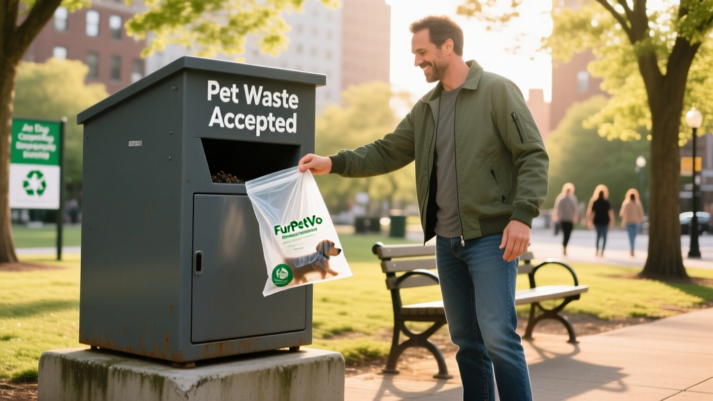 Person dropping a FurPetVo compostable bag into an industrial compost drop-off bin marked 'Pet Waste Accepted'