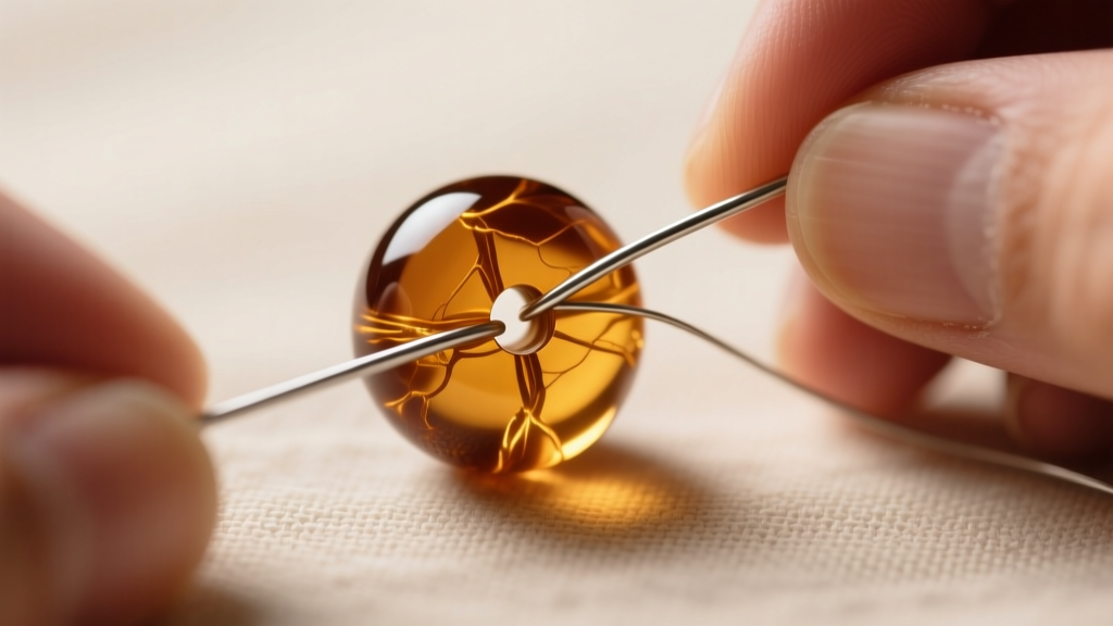 Macro shot of hands threading a steel beading wire through a large 14mm cognac amber bead on a jeweler's workbench.