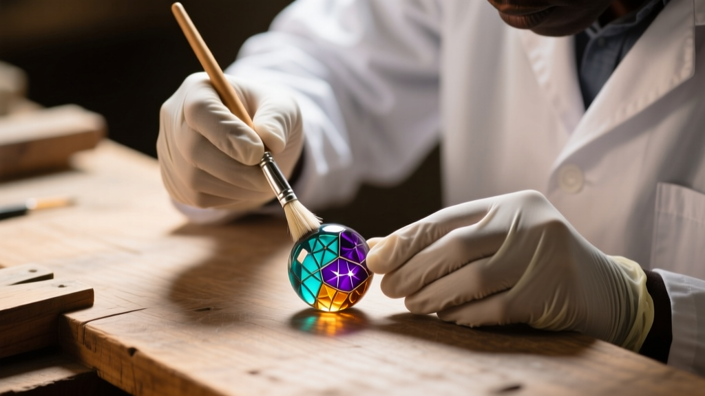 Conservator cleaning a West African powder glass Krobo bead with a soft brush and solvent under warm light on a wooden workbench.
