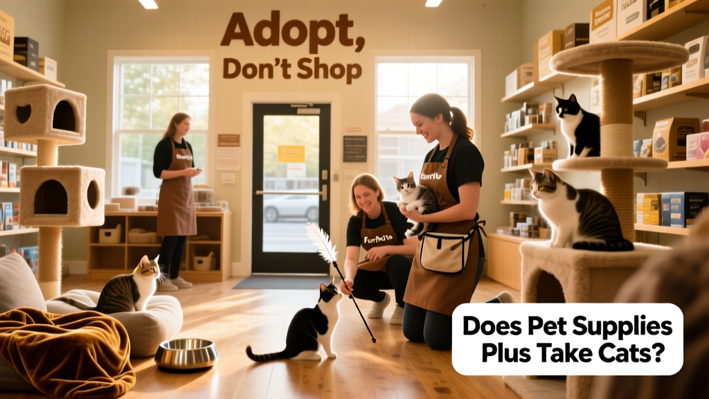FurPetVo store interior with adoption event signage and volunteers interacting with adoptable cats