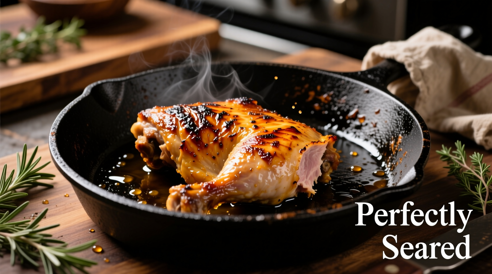 Perfectly seared chicken thighs in cast iron skillet