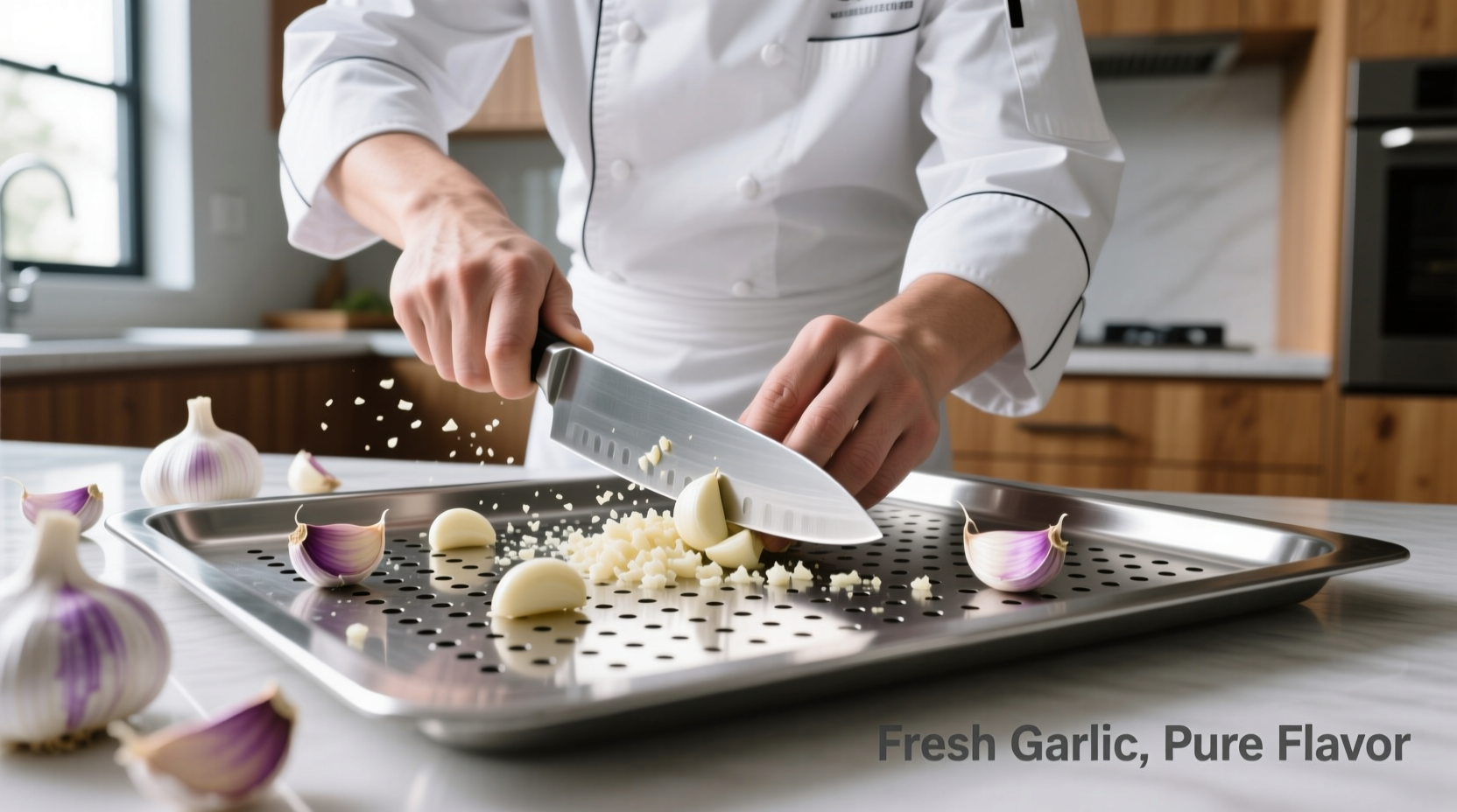 Chef using stainless steel garlic plate with fresh cloves