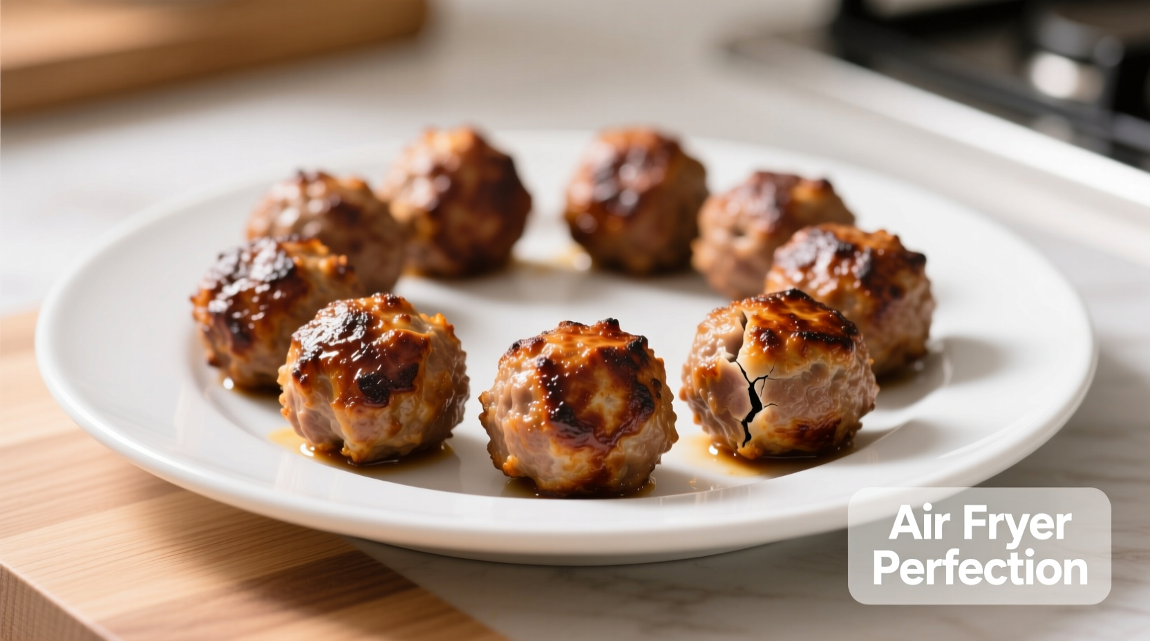 Perfectly browned air fryer meatballs on a white plate