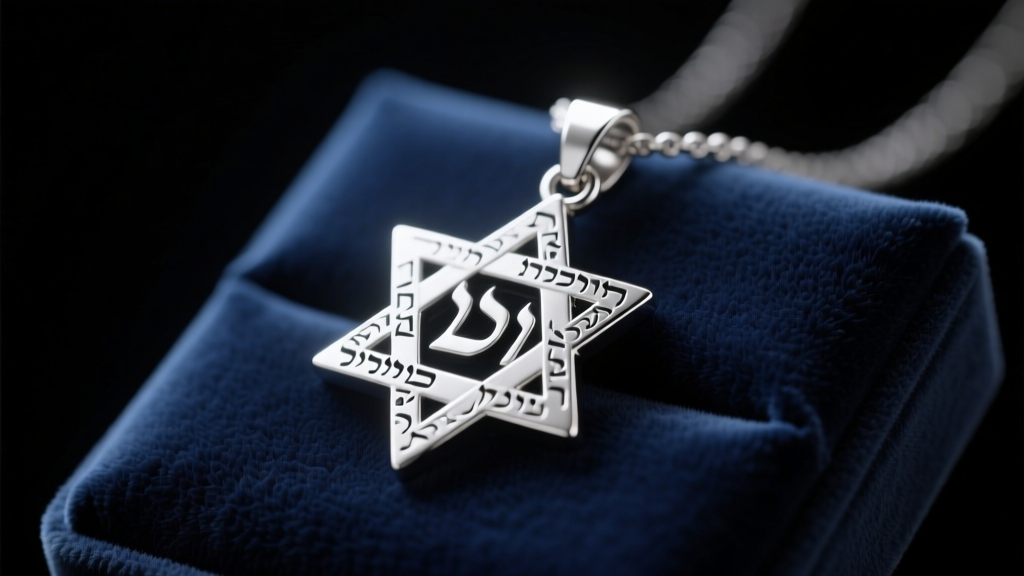Sterling silver tetragrammaton pendant on dark velvet, highlighting deep Hebrew script engravings under soft light.