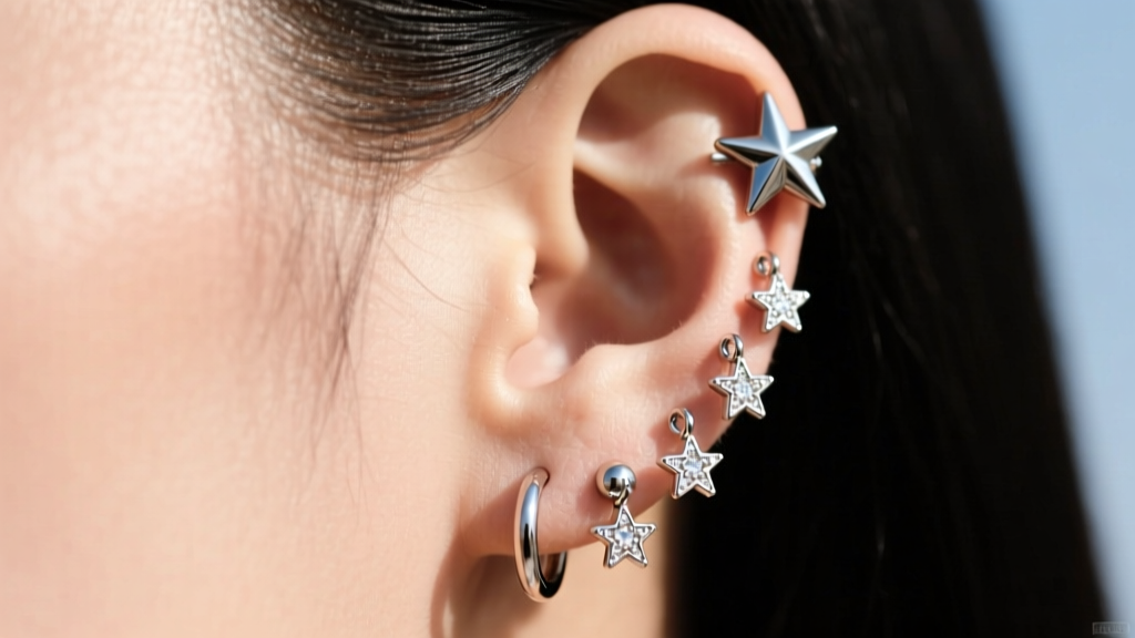 Side profile ear stack with 16g titanium hoop star earrings in helix, 8mm huggies with star charms, bright natural daylight