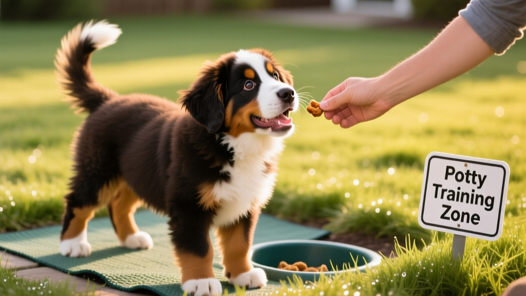 Bernese Mountain Dog puppy happily receiving a treat after eliminating in the designated outdoor spot