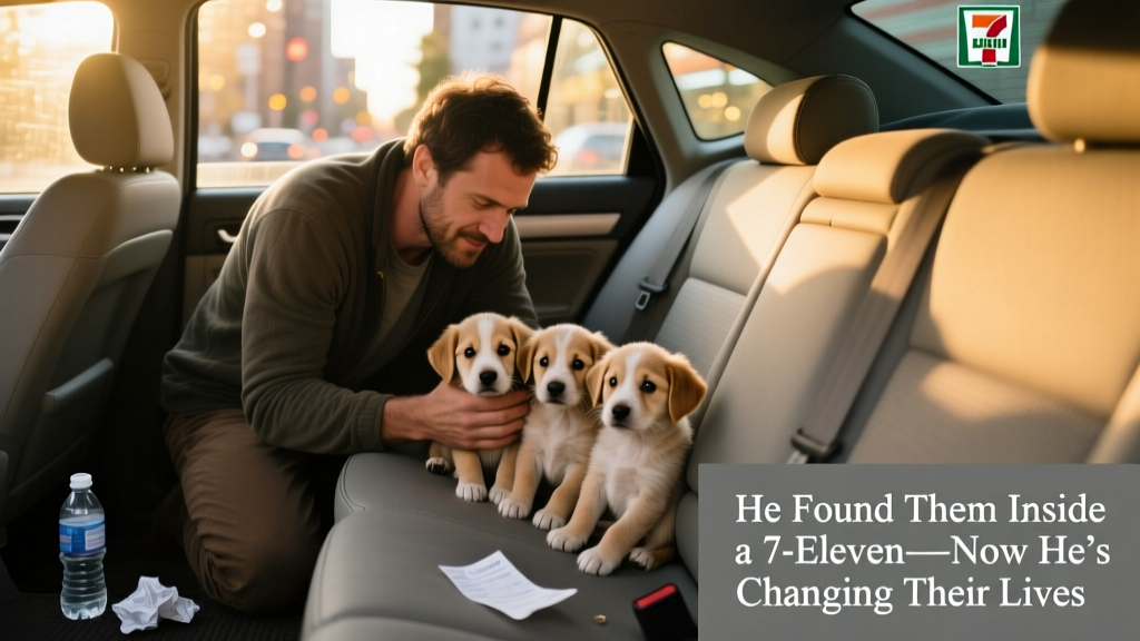 A man kneeling beside three puppies in the back seat of his car, gently petting them