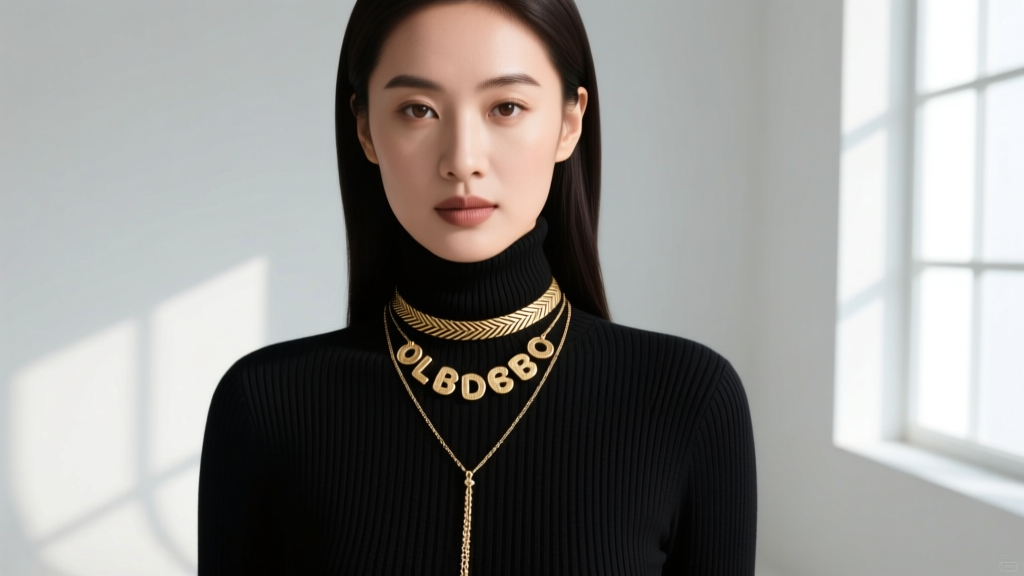 Woman layering a gold bubble letter necklace with a thin herringbone choker and long pendant chain over a black ribbed turtleneck