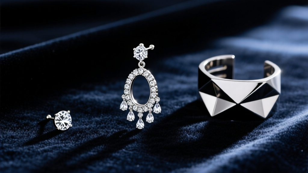 Flat lay of three earring styles on velvet: an omega-back chandelier, a diamond stud, and a geometric ear cuff in platinum.