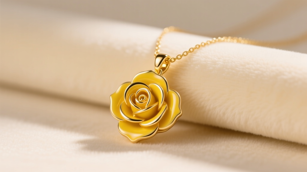 Delicate gold princess belle necklace with a yellow enamel rose pendant resting on cream velvet in warm, soft studio lighting.