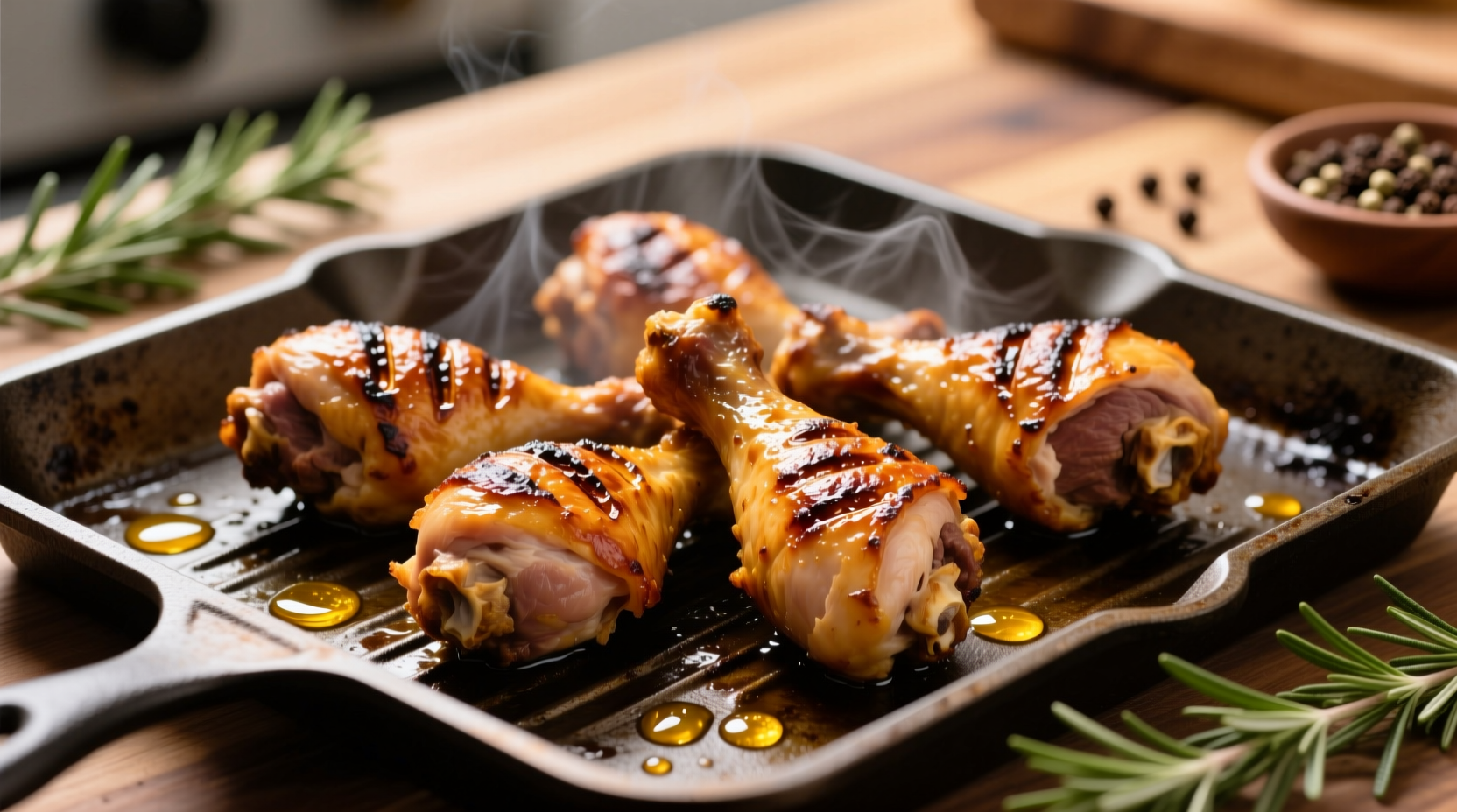 Golden brown oven-baked chicken drumsticks on baking sheet