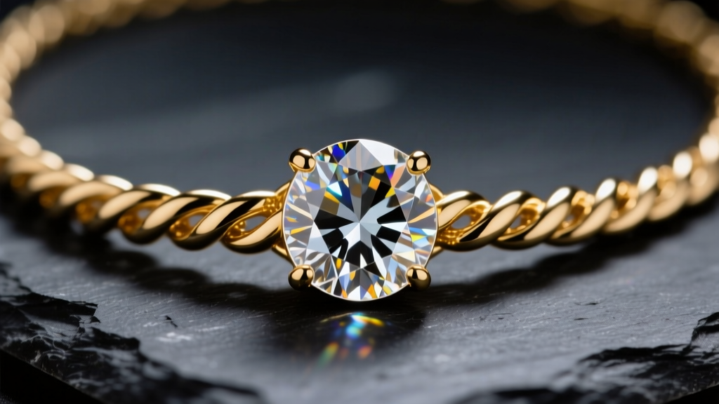 Macro shot of a J Crew twisted crystal necklace clasp on dark slate showing gold plating and bright glass crystal reflections
