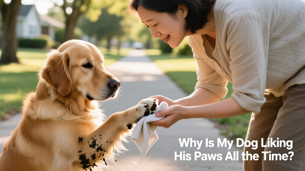 Dog owner gently wiping their dog's paws with a clean, damp cloth after an outdoor walk