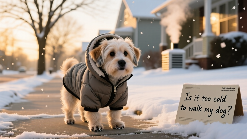 A small shivering dog wearing a cozy insulated jacket during snowy weather