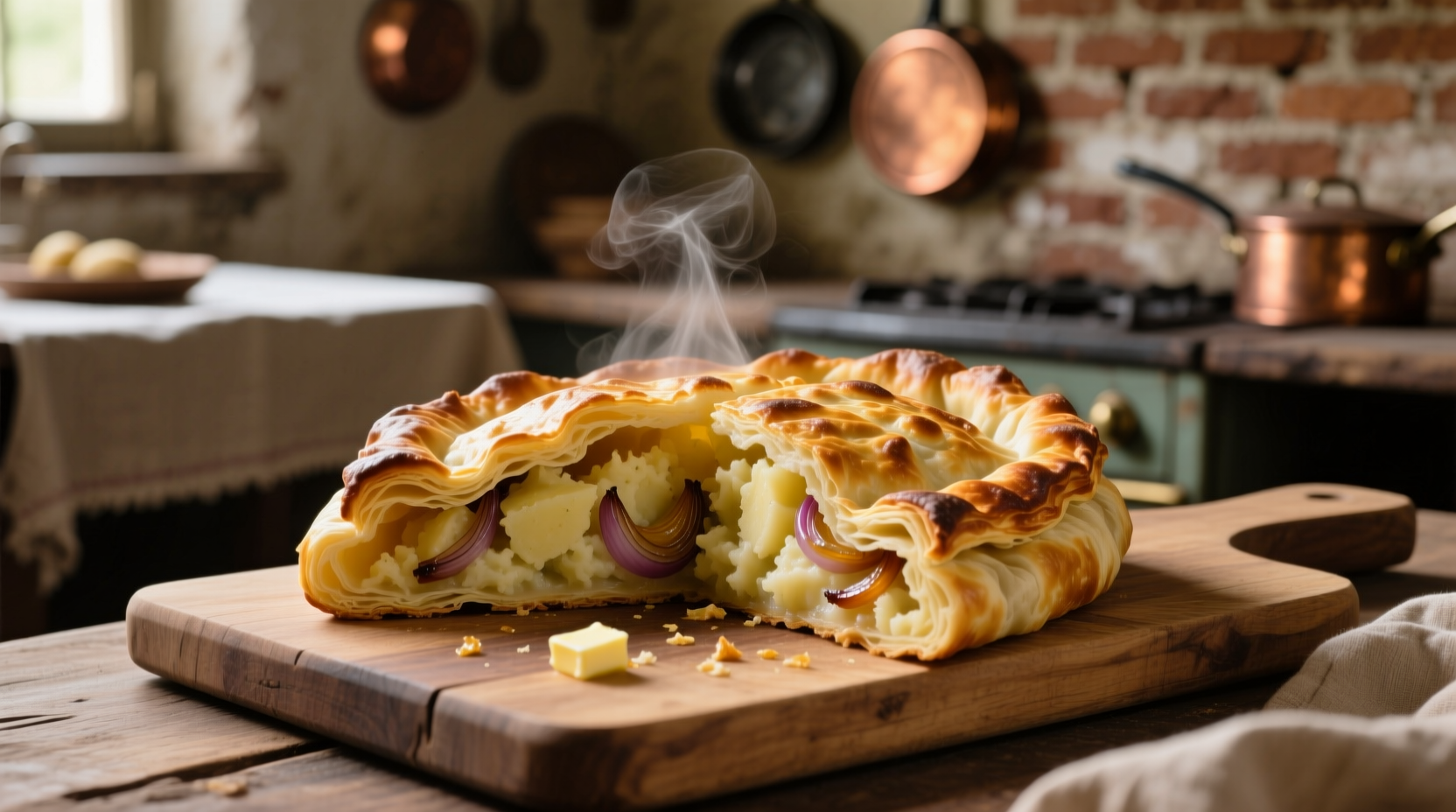 Traditional potato knish with flaky crust