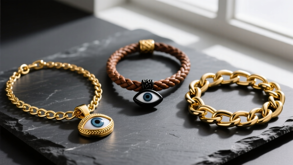 Flat lay of three evil eye necklaces for men: gold vermeil chain, braided leather cord, and Cuban link on a dark slate surface
